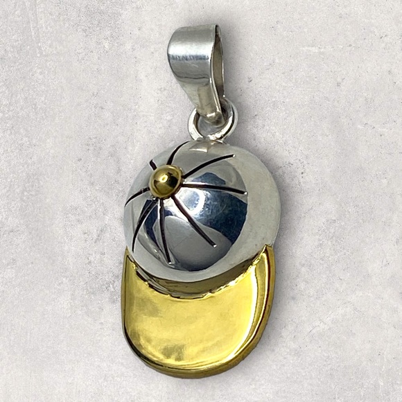 925 Mexico 2Tone Sterling Silver Baseball Softball Sports Cap Hat LARGE Pendant - Picture 5 of 5